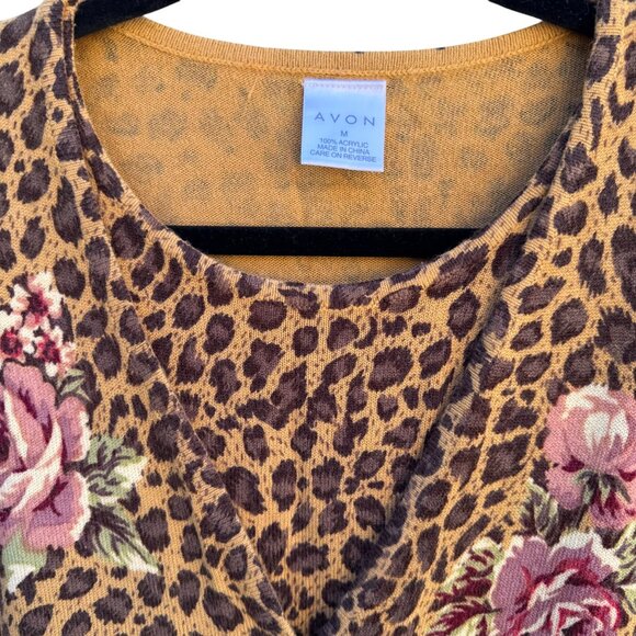 Avon Vintage Womens Leopard Print Rose Floral Knit One Piece Cardigan Sweater M - Picture 5 of 9